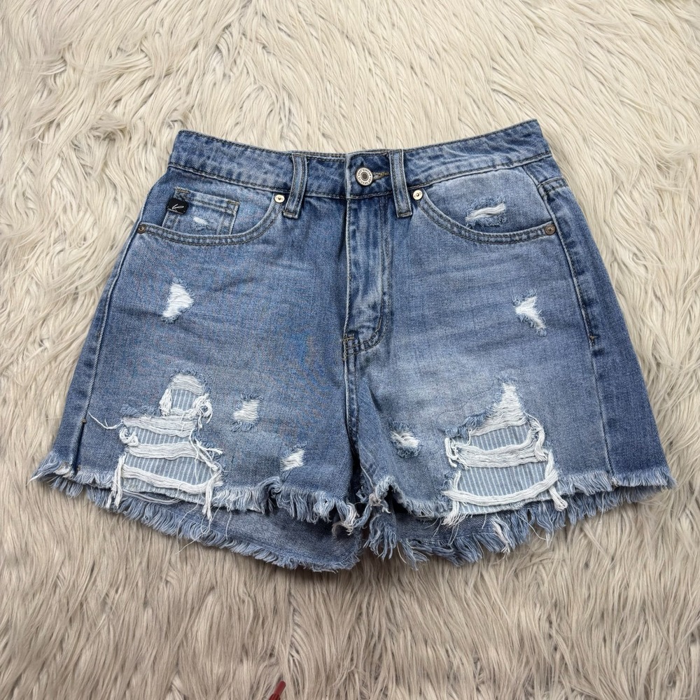 KanCan Women's XS Light Wash Patched Distressed Cut Off Denim Shorts Festival